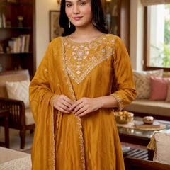 Women's Vichitra Silk Embroidered Anarkali Kurta Pant & Dupatta Set