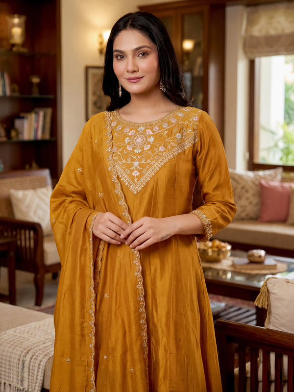 Women's Vichitra Silk Embroidered Anarkali Kurta Pant & Dupatta Set