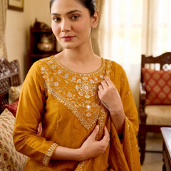 Women's Vichitra Silk Embroidered Anarkali Kurta Pant & Dupatta Set