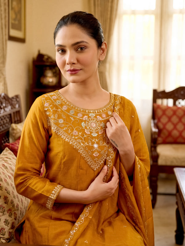 Women's Vichitra Silk Embroidered Anarkali Kurta Pant & Dupatta Set