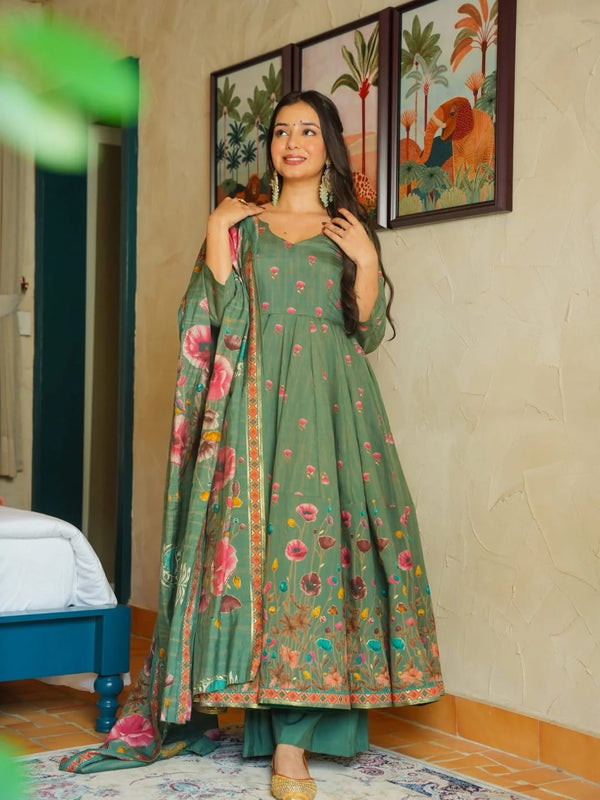 Women's Muslin Printed Kurta with Pant & Chinon Dupatta Set