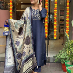 Women's Viscose Chanderi Embroidered Kurta Pant & Satin Dupatta Set