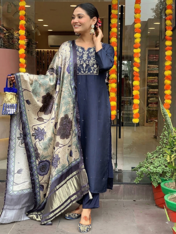 Women's Viscose Chanderi Embroidered Kurta Pant & Satin Dupatta Set