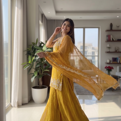 Women's Embroidered Satin Kurta With Embroidered Pant & Dupatta Set