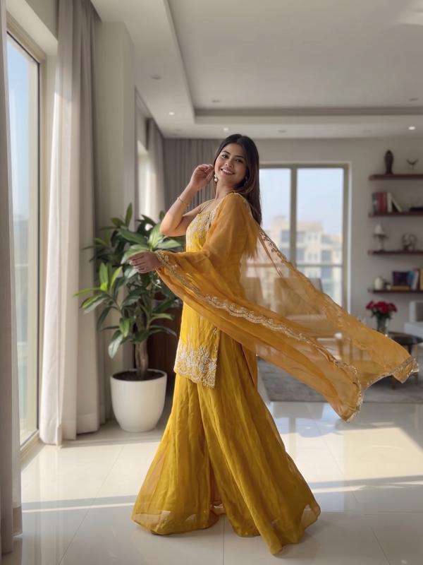 Women's Embroidered Satin Kurta With Embroidered Pant & Dupatta Set