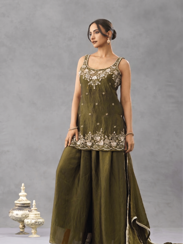 Women's Embroidered Satin Kurta With Embroidered Pant & Dupatta Set