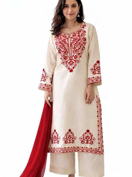 Women's Karishma Cotton Straight Kurta Pant Set With Nazmeen Dupatta