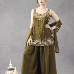 Women's Embroidered Satin Kurta With Embroidered Pant & Dupatta Set