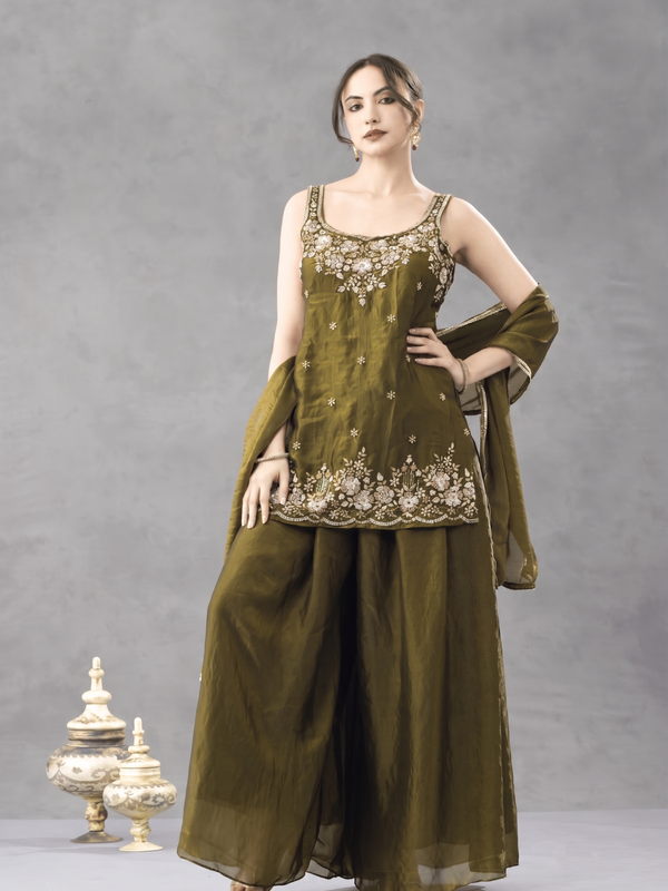 Women's Embroidered Satin Kurta With Embroidered Pant & Dupatta Set