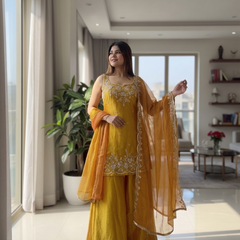 Women's Embroidered Satin Kurta With Embroidered Pant & Dupatta Set