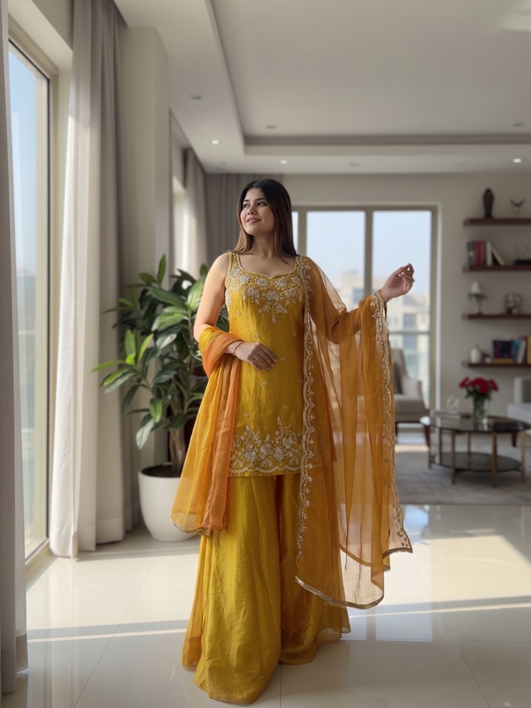 Women's Embroidered Satin Kurta With Embroidered Pant & Dupatta Set