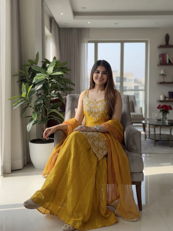 Women's Embroidered Satin Kurta With Embroidered Pant & Dupatta Set
