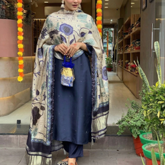 Women's Viscose Chanderi Embroidered Kurta Pant & Satin Dupatta Set