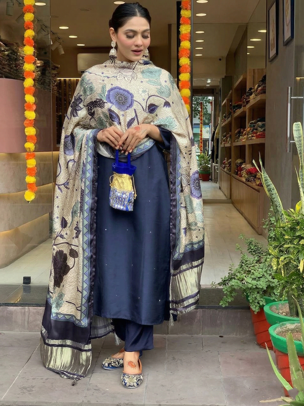 Women's Viscose Chanderi Embroidered Kurta Pant & Satin Dupatta Set