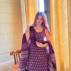 Women's Rayon Slub Printed Kurta Palazzo & Dupatta Set