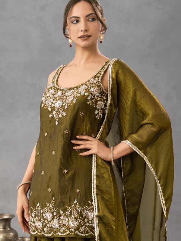 Women's Embroidered Satin Kurta With Embroidered Pant & Dupatta Set