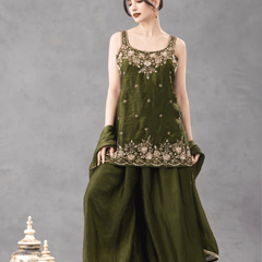 Women's Embroidered Satin Kurta With Embroidered Pant & Dupatta Set