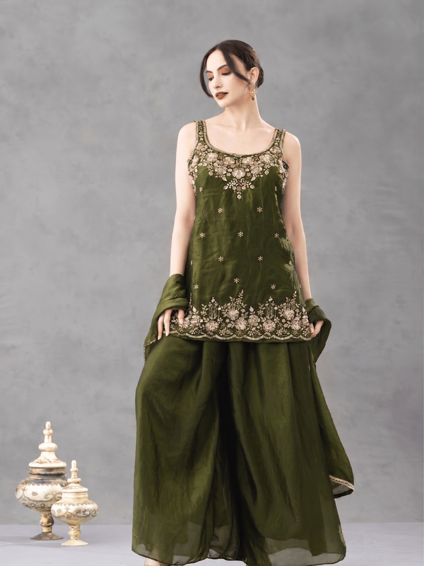 Women's Embroidered Satin Kurta With Embroidered Pant & Dupatta Set