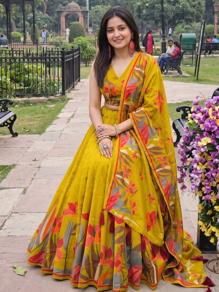 Women's Tusser Silk Floral Print Lehenga Choli with Foil Work & Gotta Patti Dupatta