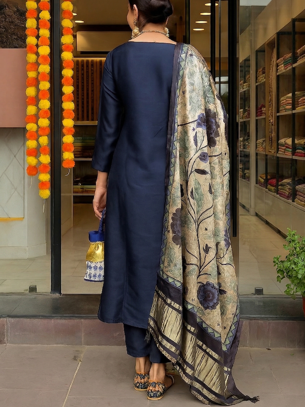 Women's Viscose Chanderi Embroidered Kurta Pant & Satin Dupatta Set