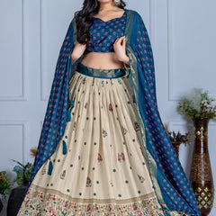 Women's Heavy Lichi Jacquard Lehenga Choli with Jari Print & Dupatta