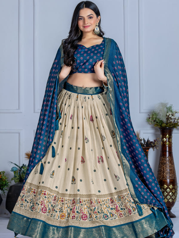 Women's Heavy Lichi Jacquard Lehenga Choli with Jari Print & Dupatta