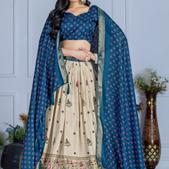 Women's Heavy Lichi Jacquard Lehenga Choli with Jari Print & Dupatta