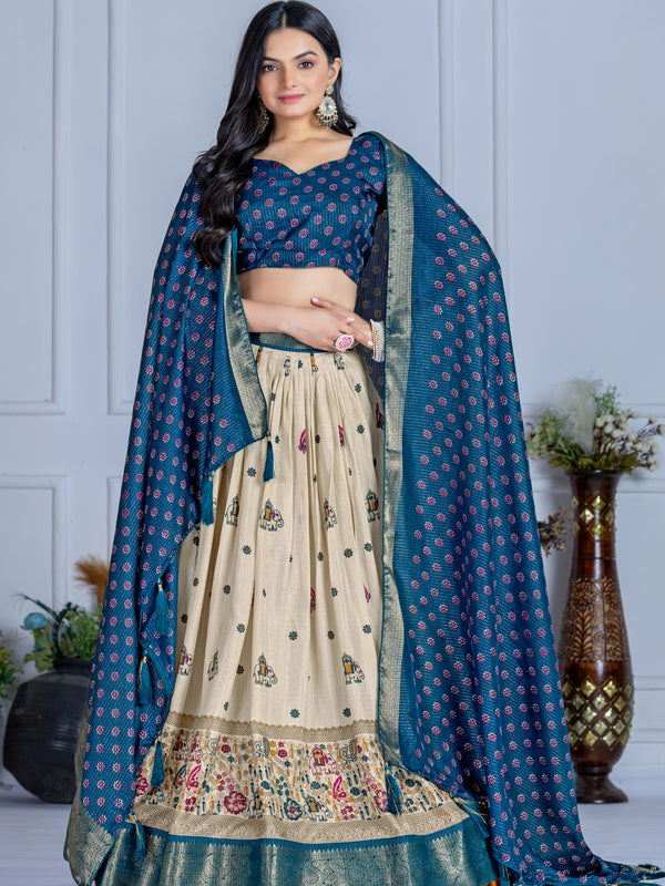 Women's Heavy Lichi Jacquard Lehenga Choli with Jari Print & Dupatta