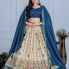 Women's Heavy Lichi Jacquard Lehenga Choli with Jari Print & Dupatta
