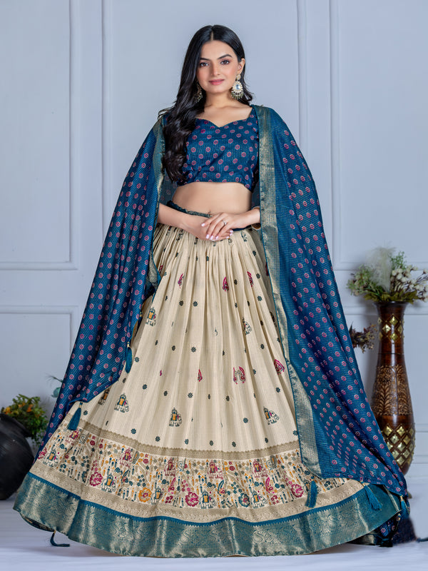 Women's Heavy Lichi Jacquard Lehenga Choli with Jari Print & Dupatta
