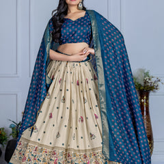 Women's Heavy Lichi Jacquard Lehenga Choli with Jari Print & Dupatta