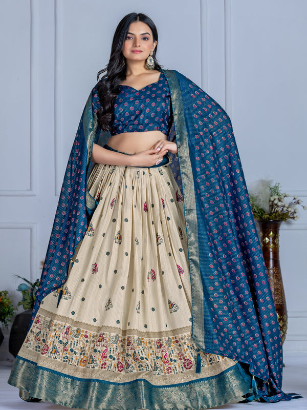 Women's Heavy Lichi Jacquard Lehenga Choli with Jari Print & Dupatta