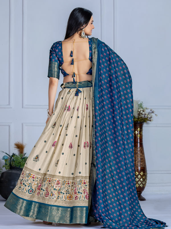 Women's Heavy Lichi Jacquard Lehenga Choli with Jari Print & Dupatta