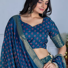 Women's Heavy Lichi Jacquard Lehenga Choli with Jari Print & Dupatta
