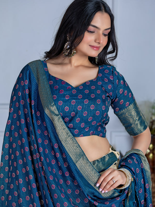 Women's Heavy Lichi Jacquard Lehenga Choli with Jari Print & Dupatta