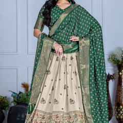 Women's Heavy Lichi Jacquard Lehenga Choli with Jari Print & Dupatta