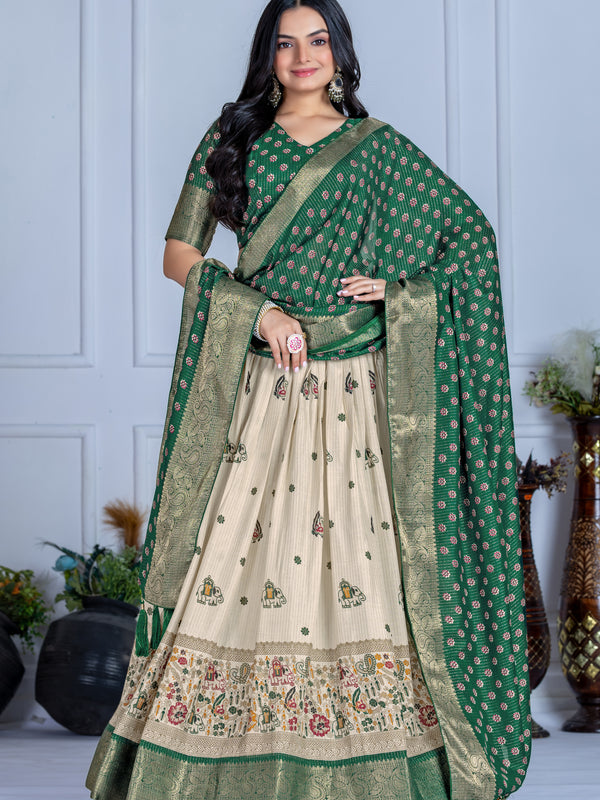 Women's Heavy Lichi Jacquard Lehenga Choli with Jari Print & Dupatta