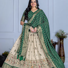 Women's Heavy Lichi Jacquard Lehenga Choli with Jari Print & Dupatta