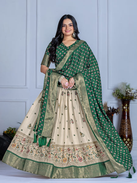 Women's Heavy Lichi Jacquard Lehenga Choli with Jari Print & Dupatta