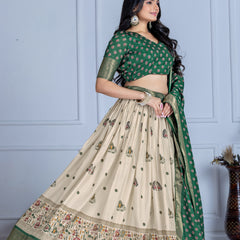 Women's Heavy Lichi Jacquard Lehenga Choli with Jari Print & Dupatta
