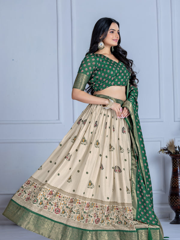 Women's Heavy Lichi Jacquard Lehenga Choli with Jari Print & Dupatta