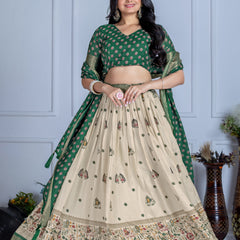 Women's Heavy Lichi Jacquard Lehenga Choli with Jari Print & Dupatta
