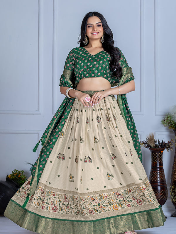 Women's Heavy Lichi Jacquard Lehenga Choli with Jari Print & Dupatta