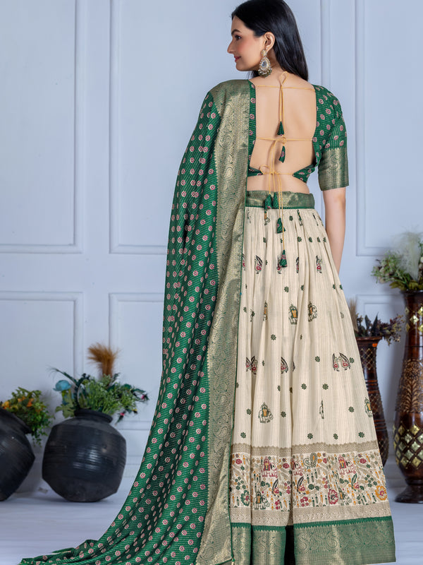 Women's Heavy Lichi Jacquard Lehenga Choli with Jari Print & Dupatta