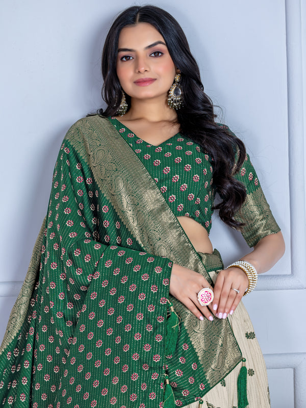 Women's Heavy Lichi Jacquard Lehenga Choli with Jari Print & Dupatta