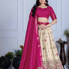 Women's Heavy Lichi Jacquard Lehenga Choli with Jari Print & Dupatta