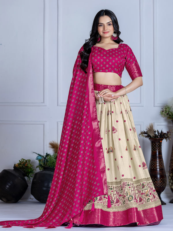 Women's Heavy Lichi Jacquard Lehenga Choli with Jari Print & Dupatta