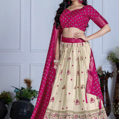 Women's Heavy Lichi Jacquard Lehenga Choli with Jari Print & Dupatta