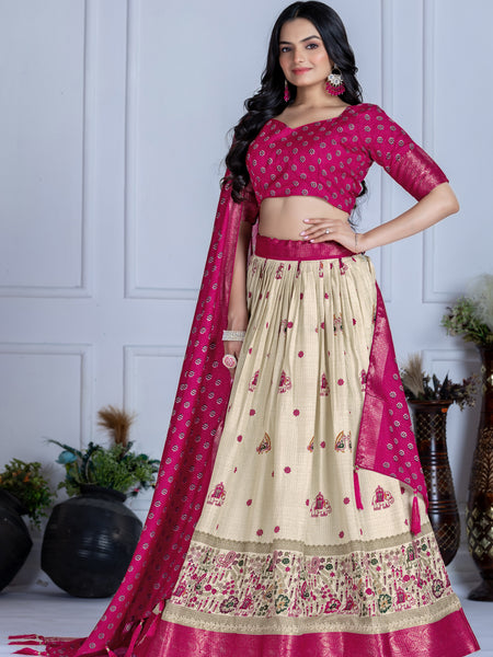 Women's Heavy Lichi Jacquard Lehenga Choli with Jari Print & Dupatta