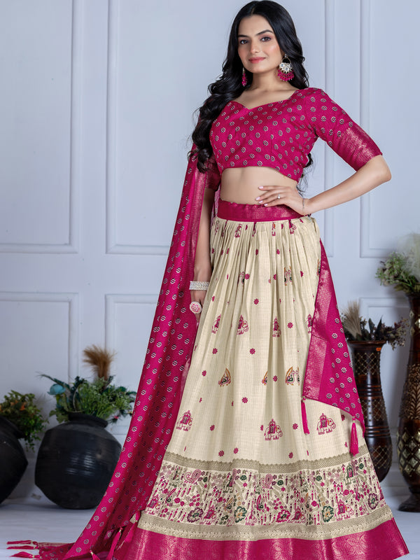 Women's Heavy Lichi Jacquard Lehenga Choli with Jari Print & Dupatta